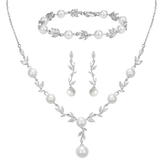SWEETV Wedding Jewelry Set for Bride Women, Silver Cubic Zirconia Pearl Bridal Earrings Necklace Bracelet Set, Bridal Jewelry Set for Wedding Prom