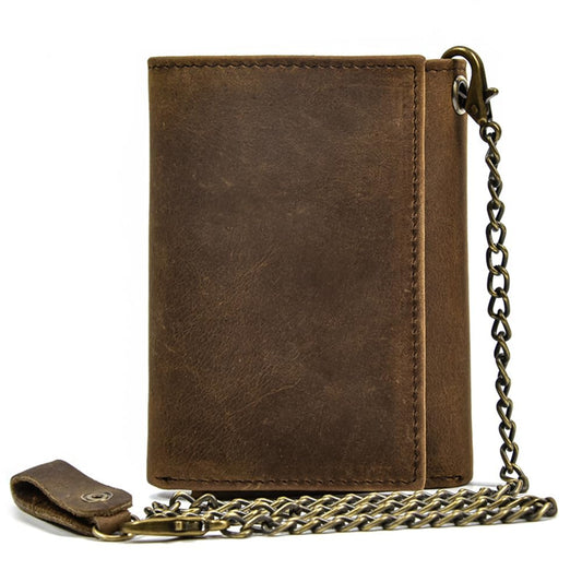 PINKPIN Mens Wallets with Chains, Genuine Leather Trifold Wallet RFID Blocking Anti-Theft Chain for Biker, Motorcycle (Brown)