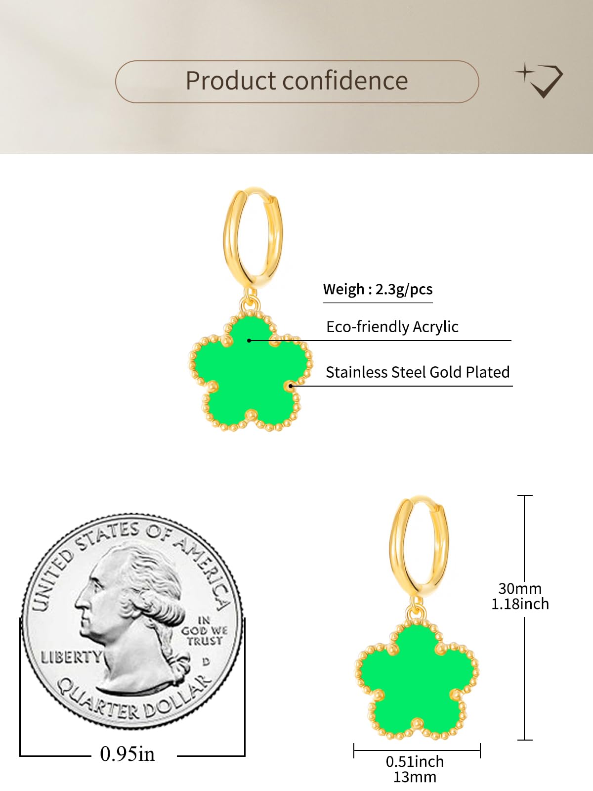 Gold Plated Five Leaf Clover Dangle Earrings for Women Lucky Flower Jewelry (Lime Green-14K Gold Plated)