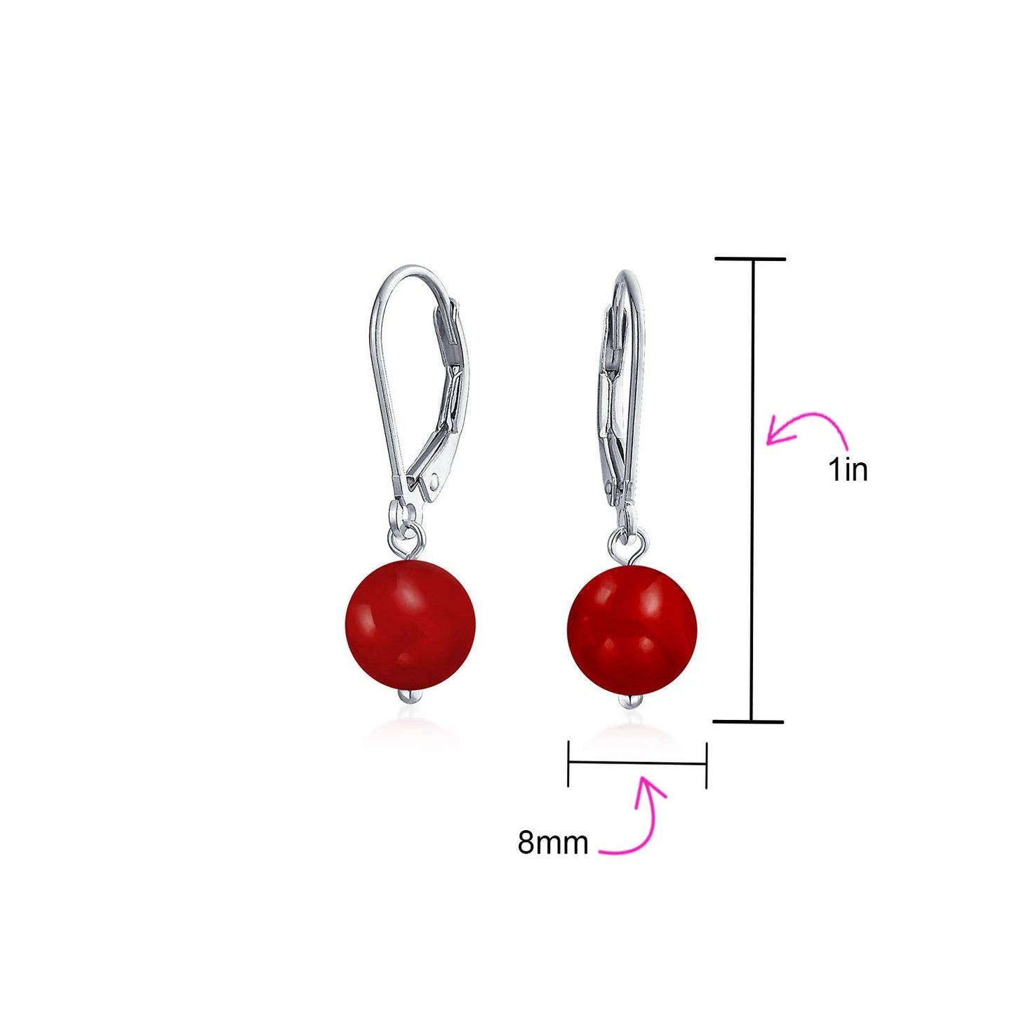 Bling Jewelry Simple Plain Gemstone Dyed Red Natural Coral Ball Round Drop Dangle Earrings For Women Teen .925 Sterling Silver