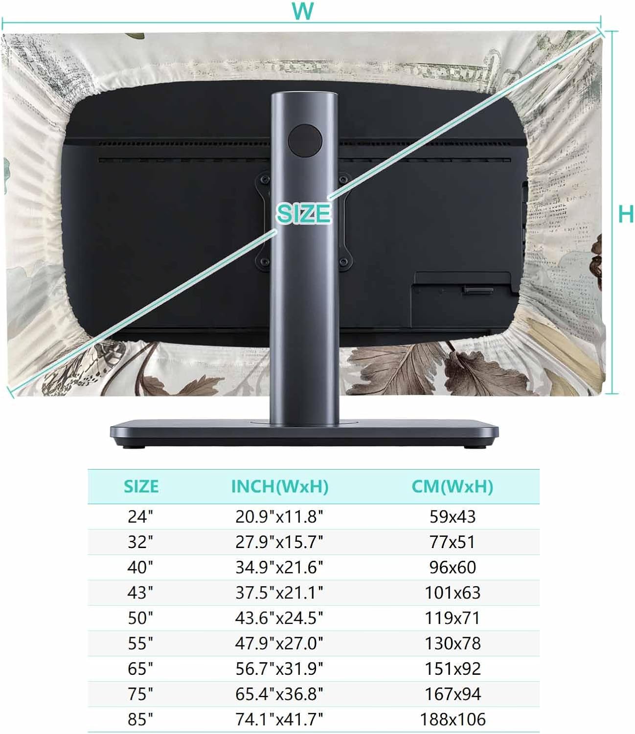 Yukro 85 Inch, 74"x42" Teal Broccoli Indoor TV Dust Cover, Rustic Farmhouse Flower Leaf Victorian Style Elastic TV