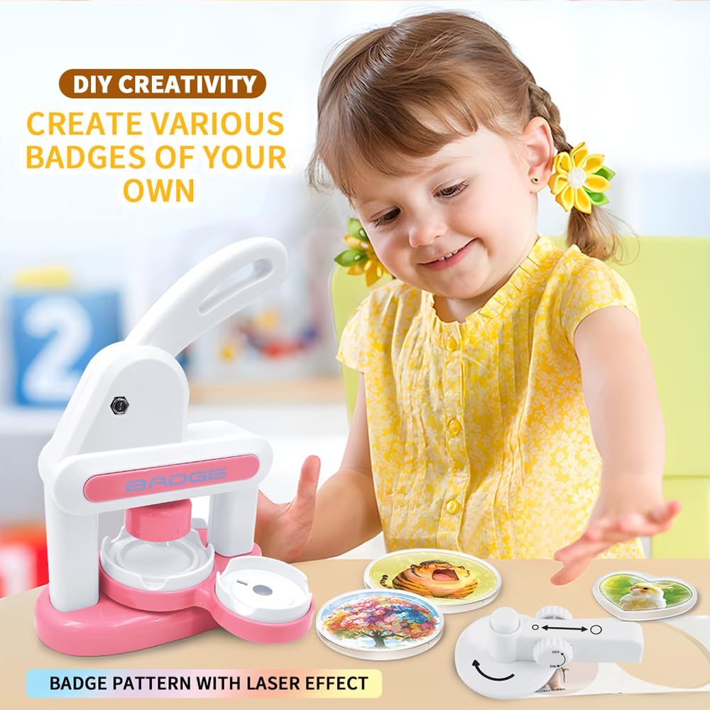 Upgraded Badge Button Maker Machine Kit - DIY Pin Press with 2 Round Sizes & Heart Shapes,Button Parts, Pictures, Circle Cutter, Board, Chain & Scissors - Ideal for Kids, School & Party Badge Making