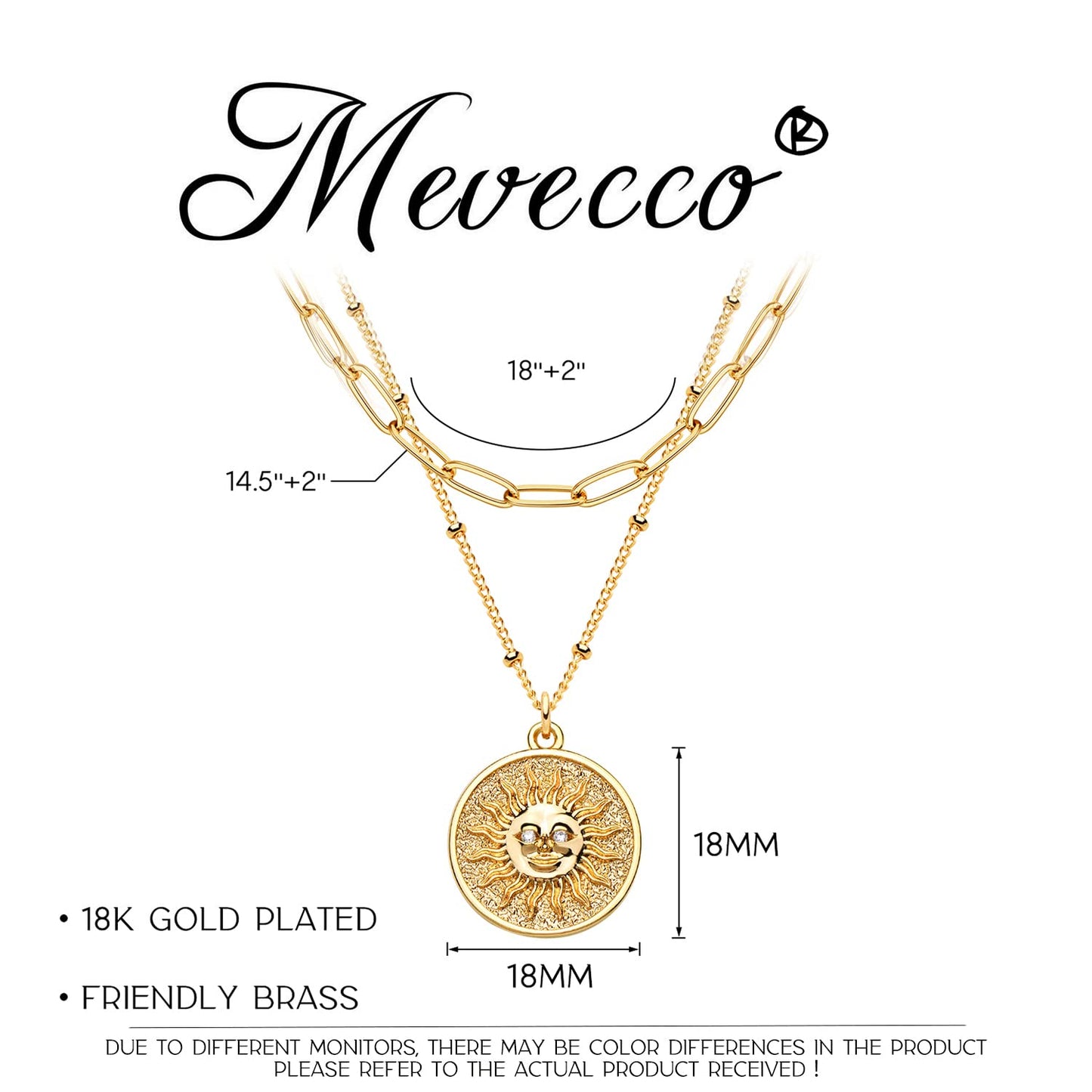 MEVECCO Gold Layered Choker Necklace for Women, 18K Gold Plated Dainty CZ Sun Face Pendant Minimalist Paperclip Double Layer Necklace for Jewelry