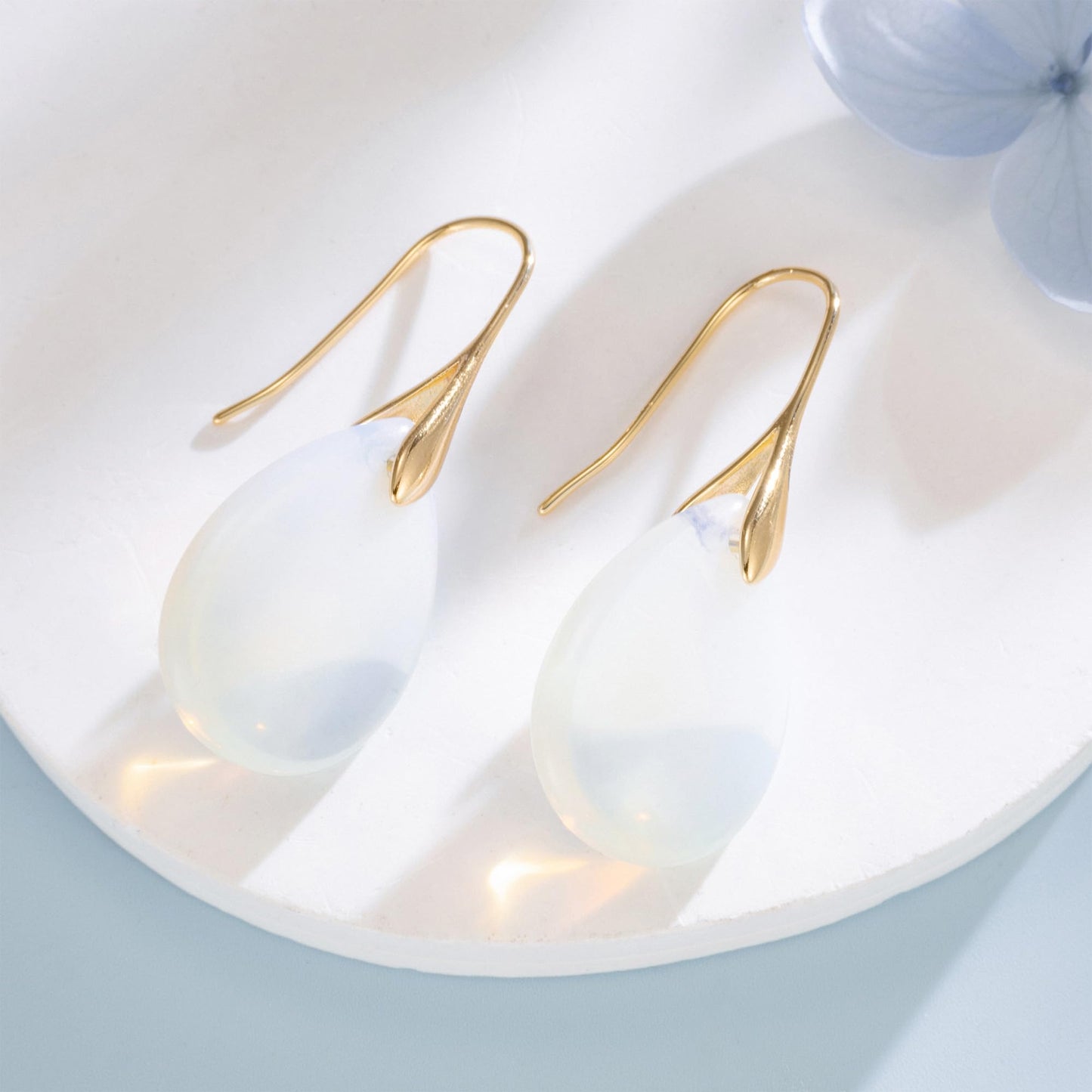 SELOVO Created-Opal Stone Fishhook Dangly Drop Earrings for Women Gold Tone