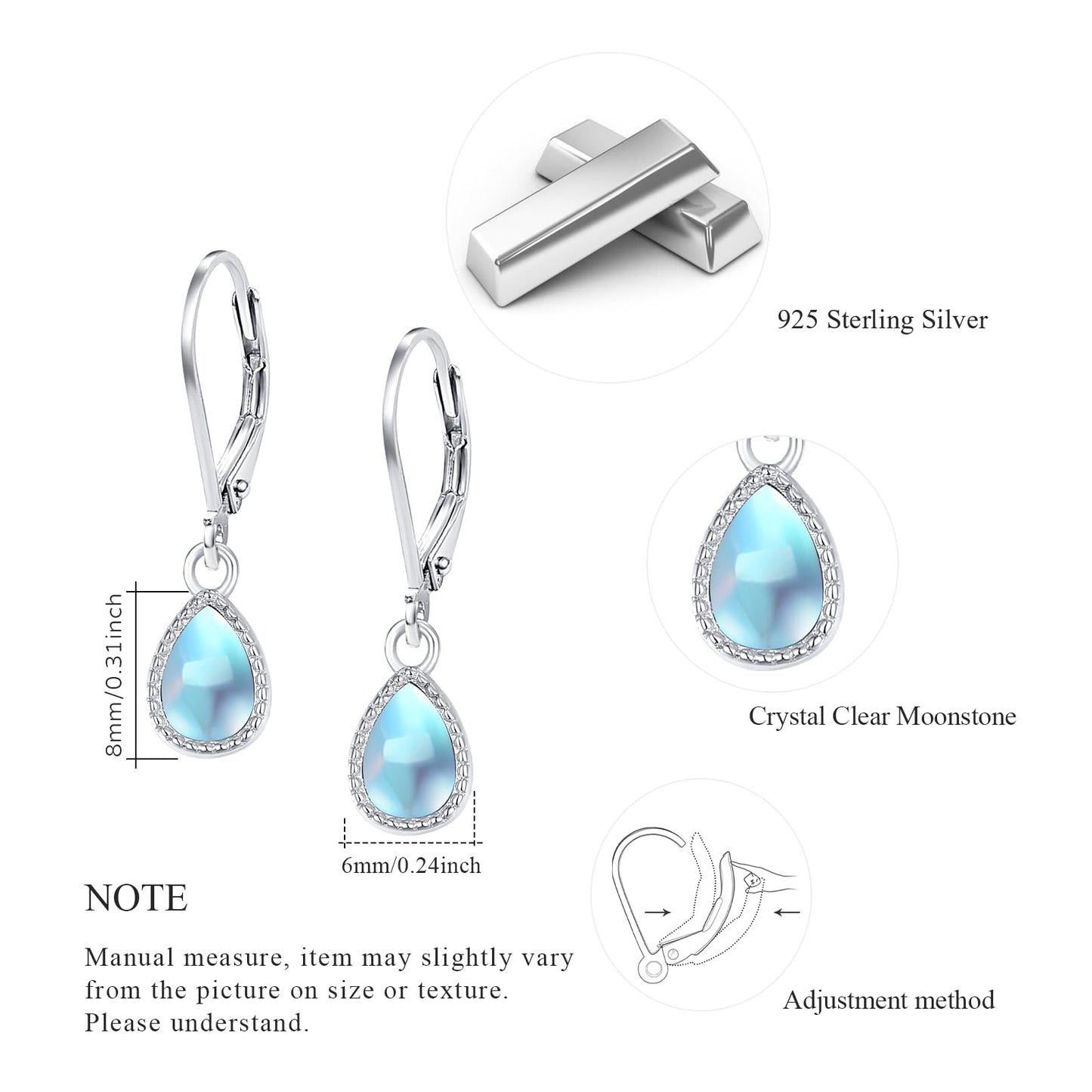 Teardrop Leverback Drop Dangly Earrings, 925 Sterling Silver with Opal/Moonstone Hypoallegenic for Sensitive Ears Jewelry Gift for Women Girlfriend with Gift Box (Moonstone Teartdrop Earrings)