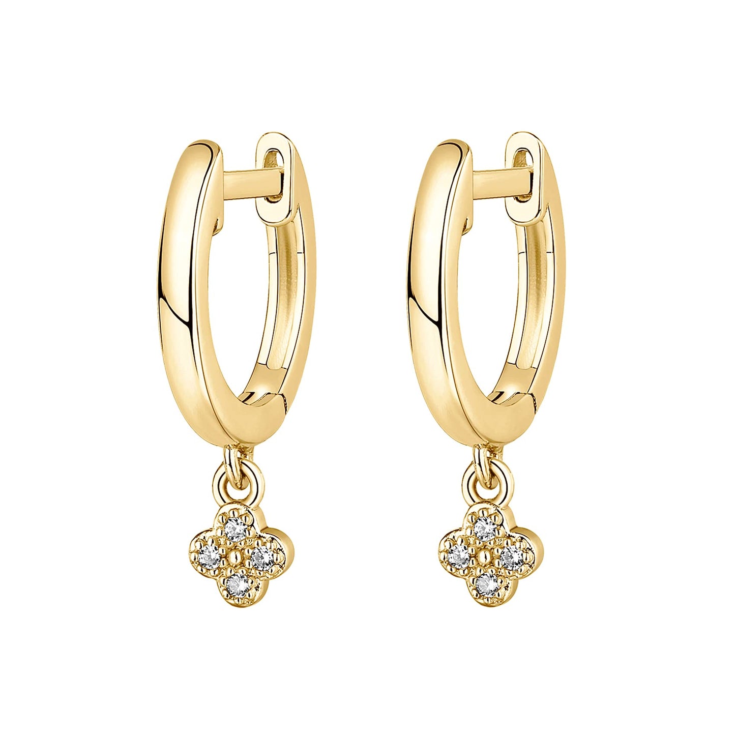 PAVOI 14K Yellow Gold Plated 925 Sterling Silver Post Dangle Huggie Hoop Earrings For Women - Trendy Clover Drop Hoop Earrings - Cubic Zirconia Small Hinged Huggies