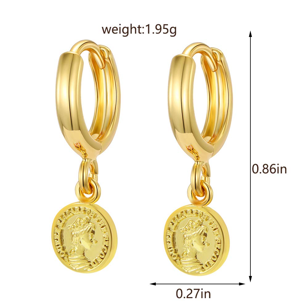 Small Hoop Coin Dangle Drop Hoop Earrings With Small Charm for Women Fashion 18K Yellow Gold Plated Vintage Elegant Dangling Jewelry
