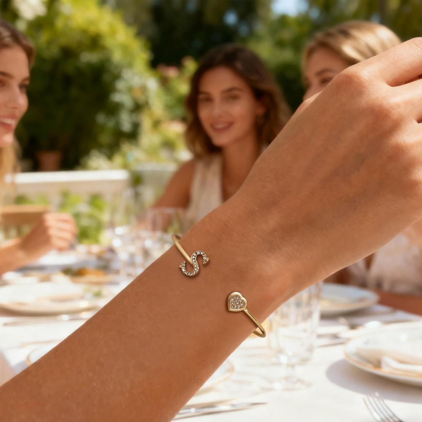 BXDA Trendy Gold Plated Heart Initial S Cuff Bangle Bracelet for Women, Handmade Statement Cubic Zirconia Stackable Open Letter Bracelets Fashion Jewelry Accessories Gift