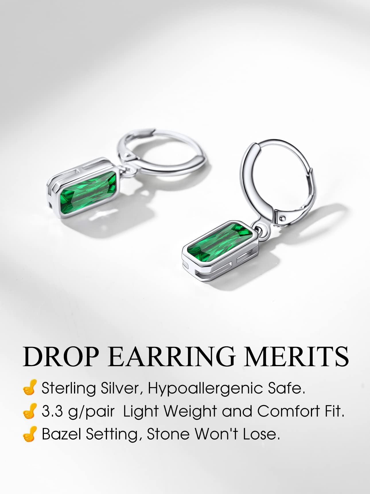 Bestyle Green Emerald Drop Earring with Hypoallergneic Silver Huggie Hoops - Shimmer May Birthstone Dangles Silver Earring for Women - Dainty Cute Earrings for Mom Wife Grandma