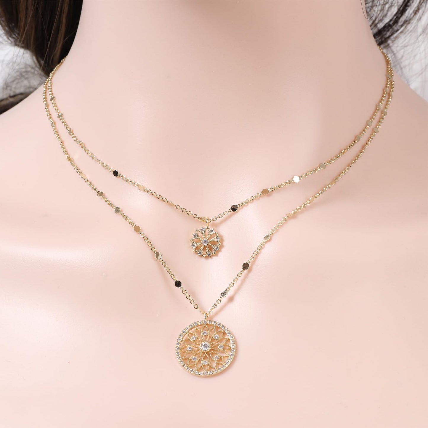 TaYolnFaSo Boho Round Hollow Flower Jewelry Set Double Layer Flower Choker Necklace Earrings Set Wedding Jewelry Gift for Women