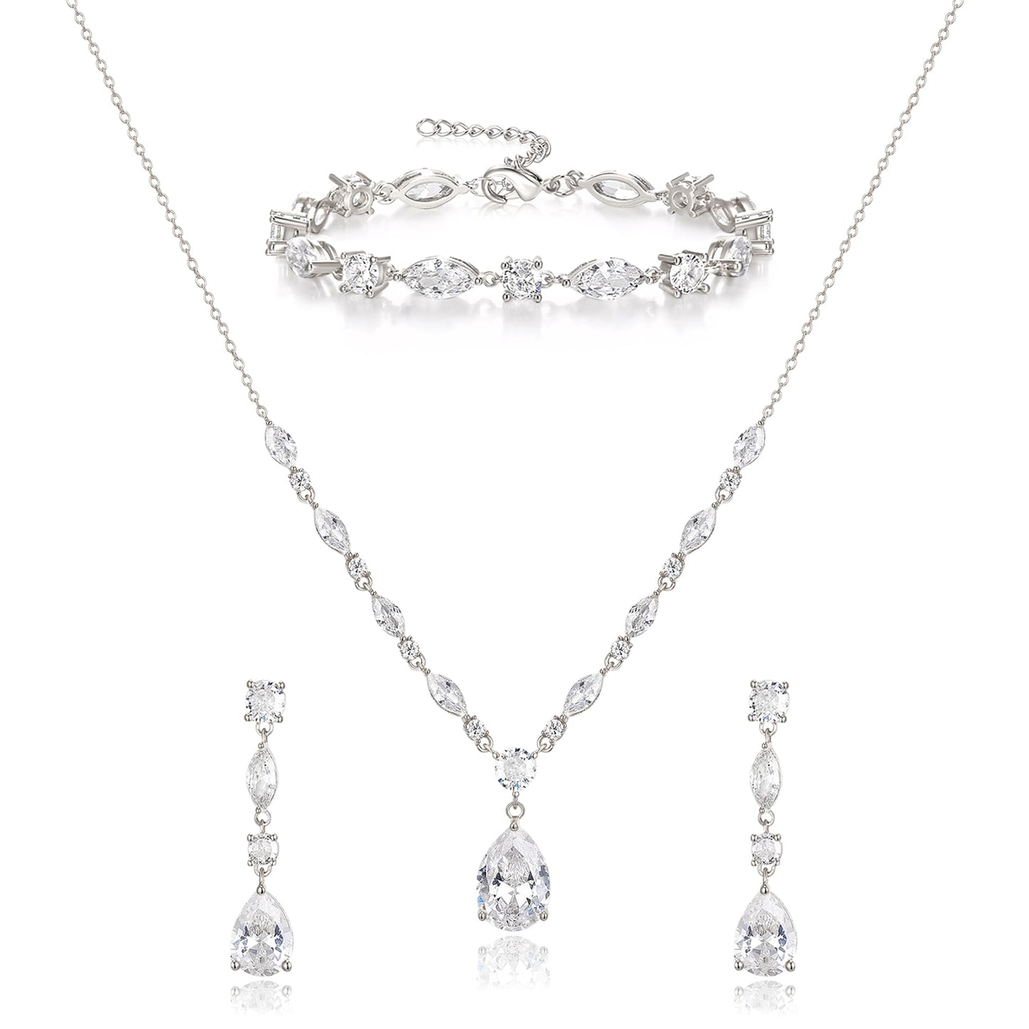 EVER FAITH Teardrop Cubic Zirconia Bridal Jewelry Sets for Bride, Sparkly CZ Elegant Pendant Necklace Dangle Earrings Bracelet Set for Women Clear Silver-Plated-Brass
