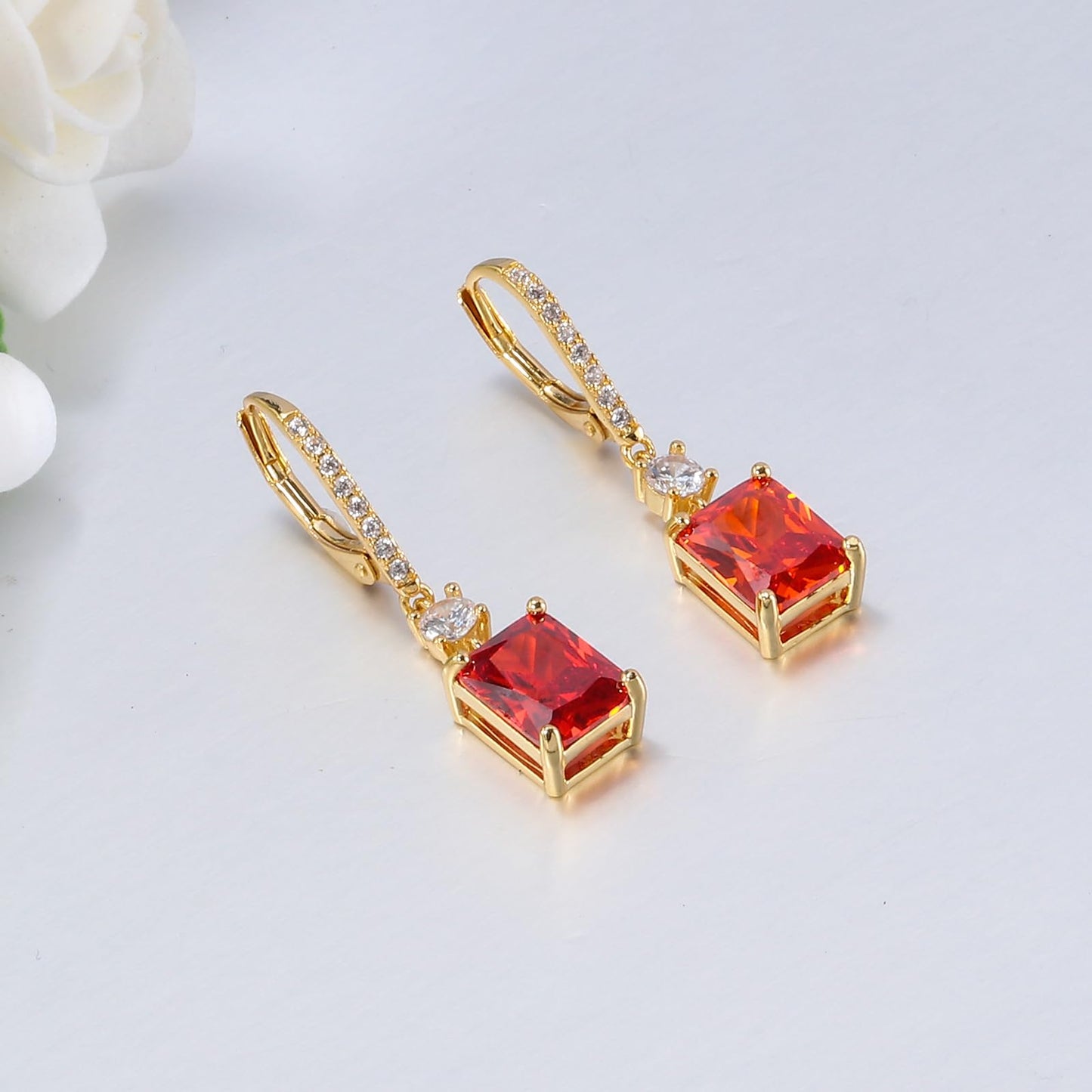 CiNily Leverback Earrings for Women Rectangular-cut Drop Dangle Earring Hypoallergenic, 14K Gold Plated Orange Cubic Zircon Earrings Diamond Dangle Ear Rings Jewelry Wedding