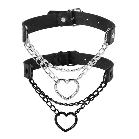 MECCANIXITY PU Leather Chokers, Love Heart Chokers Collar Necklace Gothic Punk Grunge Emo Necklace Gothic Jewelry Accessories Adjustable PU Collar for Women, Black/Silver Black, 2Pcs