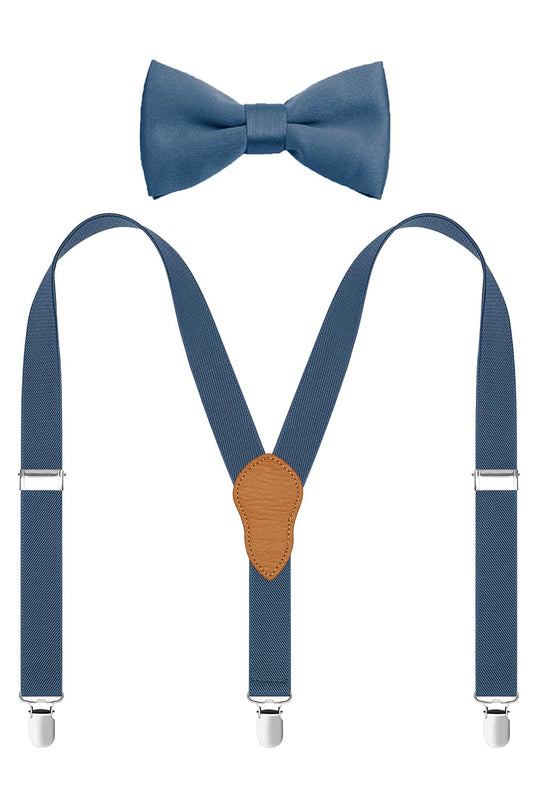 JRHEJTFZ Kids Bow Tie and Suspenders for Boys Set Adjustable Elastic with 3 Metal Clips Dusty Blue 40"