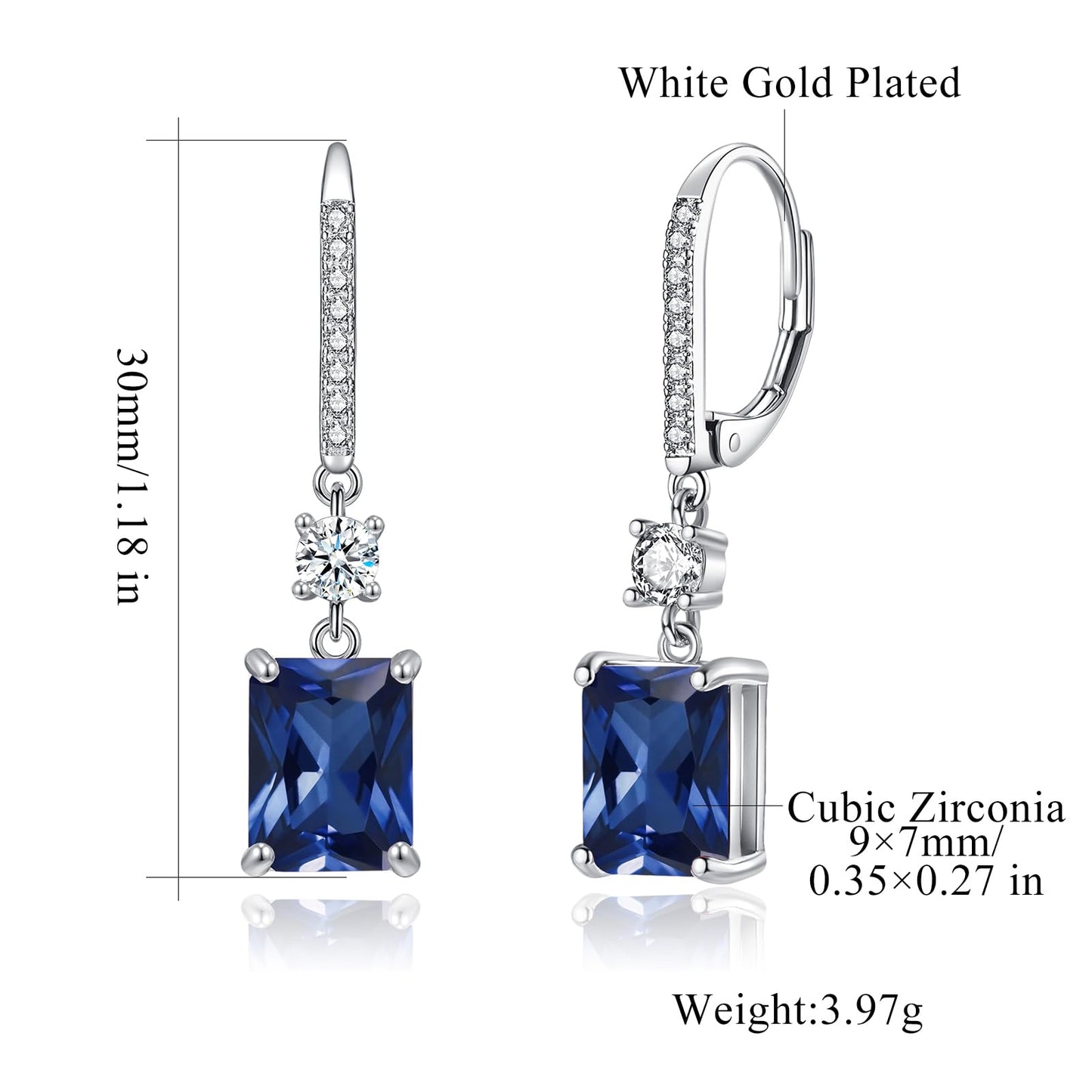 CiNily Leverback Earrings for Women Rectangular-cut Drop Dangle Earrings Hypoallergenic, 14K White Gold Plated Navy Blue Cubic Zircon Earrings Diamond Dangle Earrings Jewelry for Sensitive Ear
