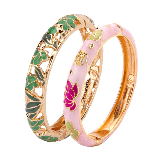 UJOY Cloisonne Bracelet Lotus Flower Gold Plated Cuff Bangle Enameled Jewelry Bracelets Gift for Women Pack in Case 88B04-55A35 Green Pink