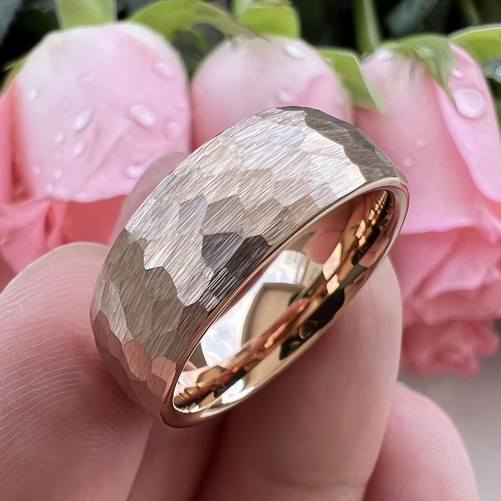 TUTISS 8mm Rose Gold Hammered Tungsten Rings for Men Women Engagement Wedding Bands Domed I Love You Engraved Comfort Fit Size 9