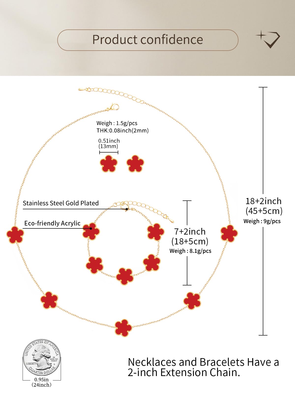Qinpan Five Leaf Clover Necklace Bracelet and Stud Earrings Set for Women Lucky Flower Jewelry (Red-14K Gold Plated)