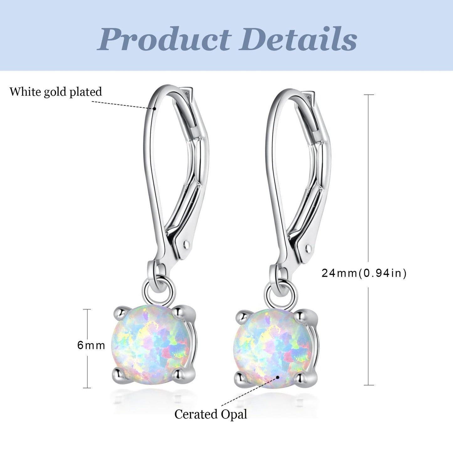 Gemsme Opal Dangle Earrings,18K White Gold Plated Gemstone Opal Leverback Drop Earrings for Women Hypopallergenic Jewelry
