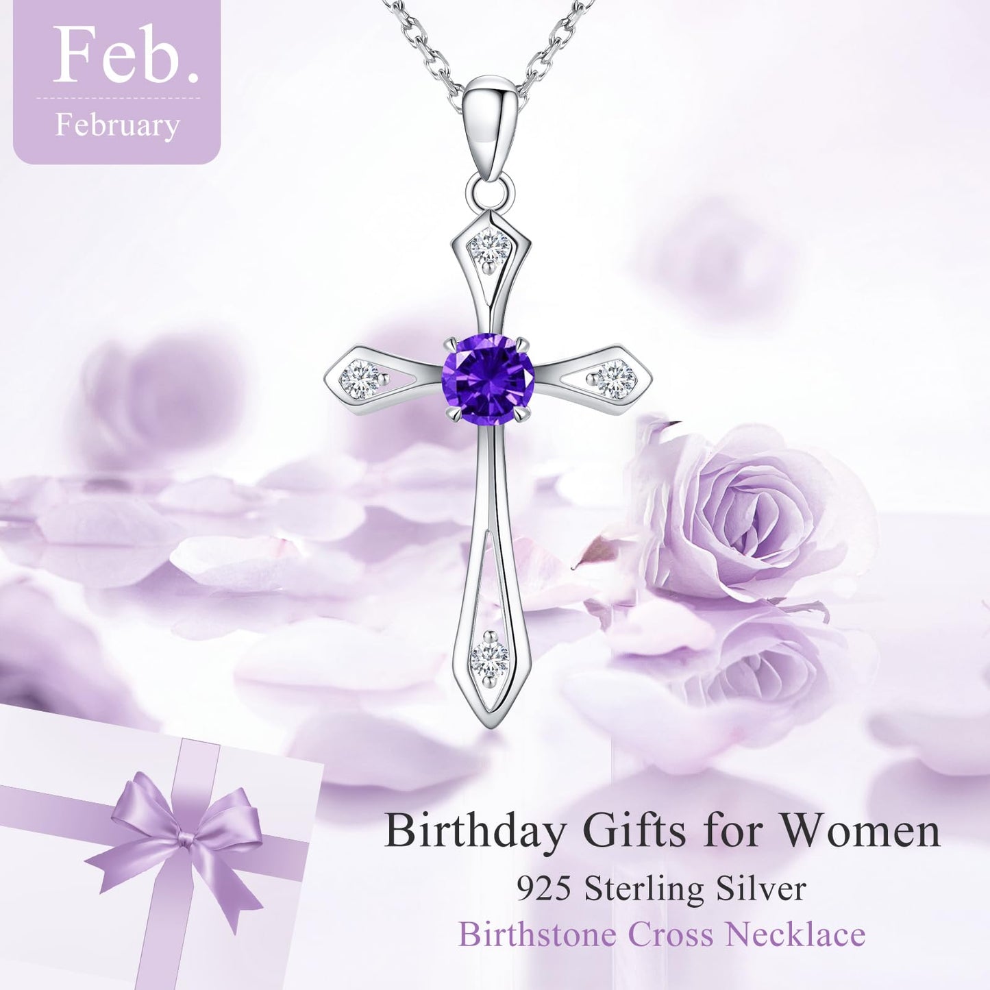 QUALISE Cross Necklace for Women,925 Sterling Silver February Birthstone Necklace Cross Pendant 5A CZ 12 Birth Months Birthstone Amethyst Jewelry Birthday Gifts for Her Wife Mom