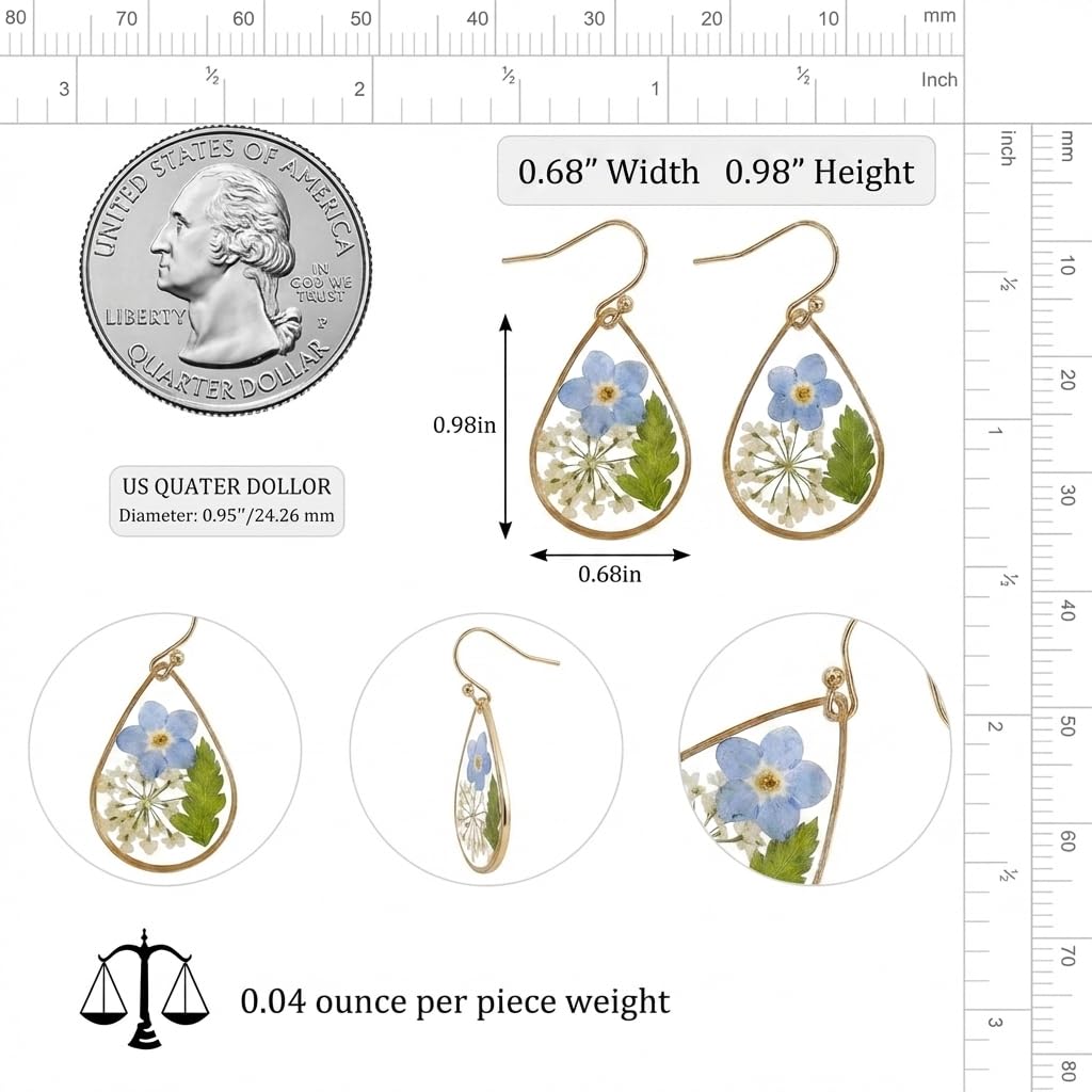 Jean Beau Handmade Blue Pressed Flower Earrings for Women, Forget-Me-Not Queen Anne's Lace Nature Dried Flowers Teardrop Dangle Floral Earings Jewelry Gift
