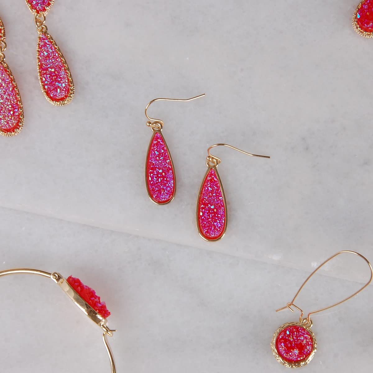 Simulated Druzy Drop Dangles - Sparkly Long Teardrop Dangly Earrings for Women, Gold Tone - Hot Pink Stone
