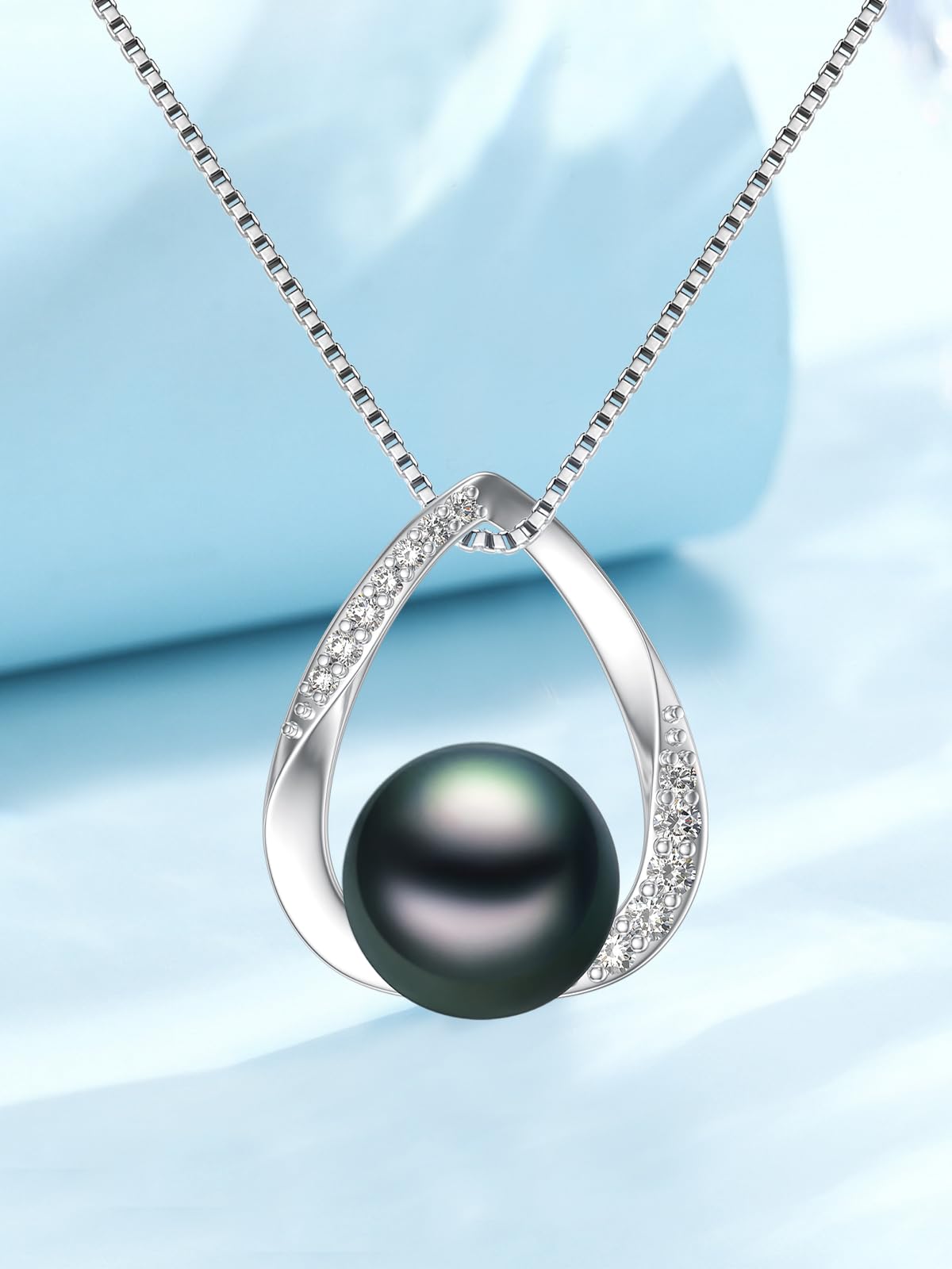 Gifts for Wife Women Anniversary-Tahitian Black Pearl Necklace 18K White Gold Plated 925 Sterling Silver AAA+ Handpicked Pearl Pendant Jewelry Gift for Mom Women Her Wedding Birthday