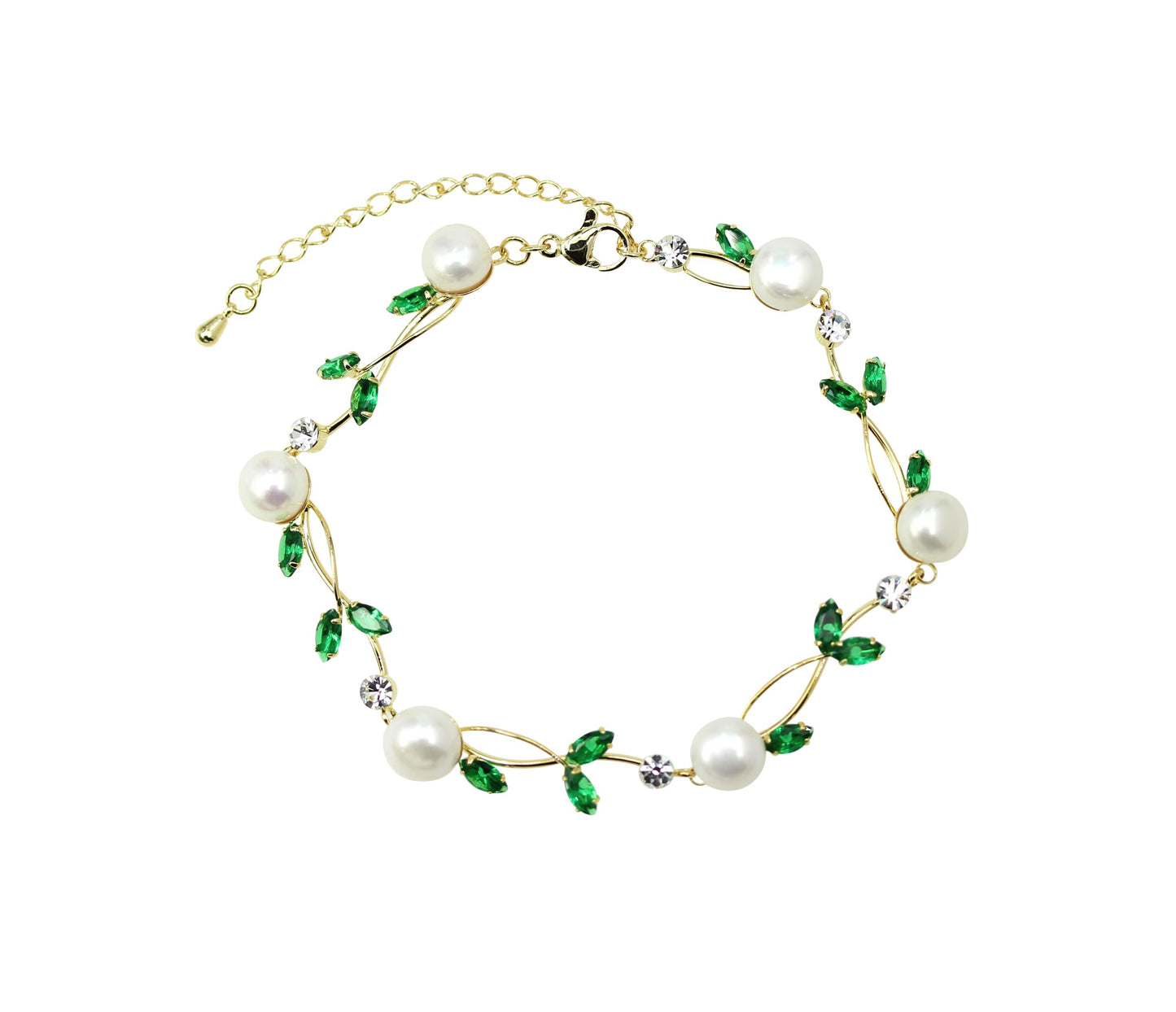 Faship Green CZ Crystal Genuine Freshwater Pearls Floral Bracelet 7.5" - 9.5" - Green/Gold Plated/Matching Bracelet