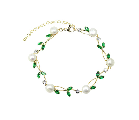 Faship Green CZ Crystal Genuine Freshwater Pearls Floral Bracelet 7.5" - 9.5" - Green/Gold Plated/Matching Bracelet