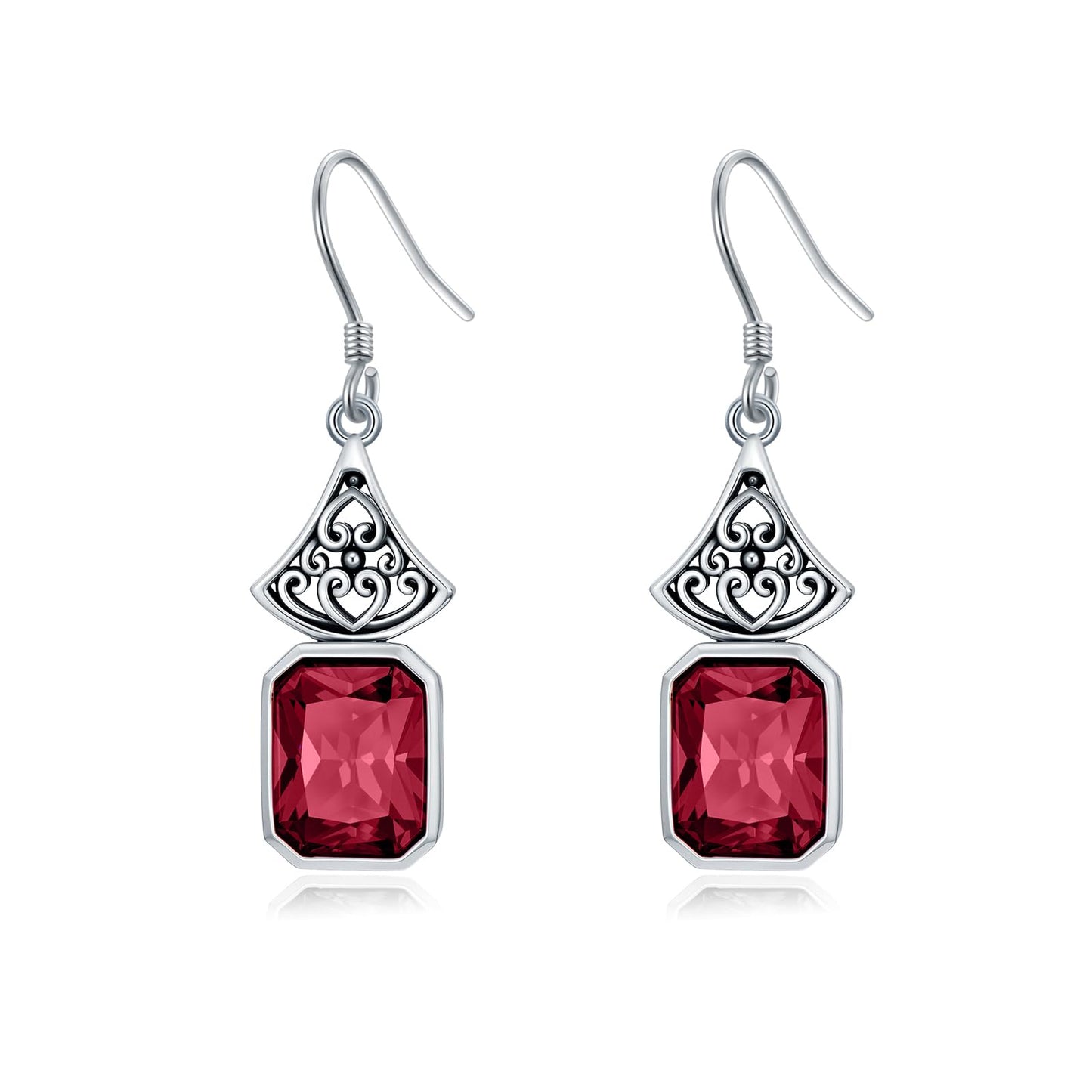Vintage Earrings 925 Sterling Silver Oxidized Dangle Drop Earrings with Emerald Cut Red Ruby July Birthstone Anniversary Jewelry Gifts for Women