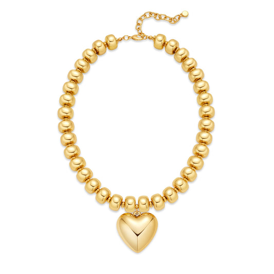 ENSKEFEN Gold Heart Pendant Beaded Necklace for Women Chunky Acrylic Gold Plated Bead Choker Necklace Adjustable Large Statement Necklace Fashion Boho Jewelry