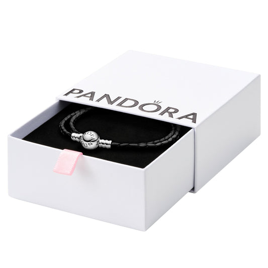 PANDORA Moments Double Woven Leather Bracelet with Silver Clasp - Sterling Silver Bracelet - Jewelry for Women - Includes Gift Box - 15