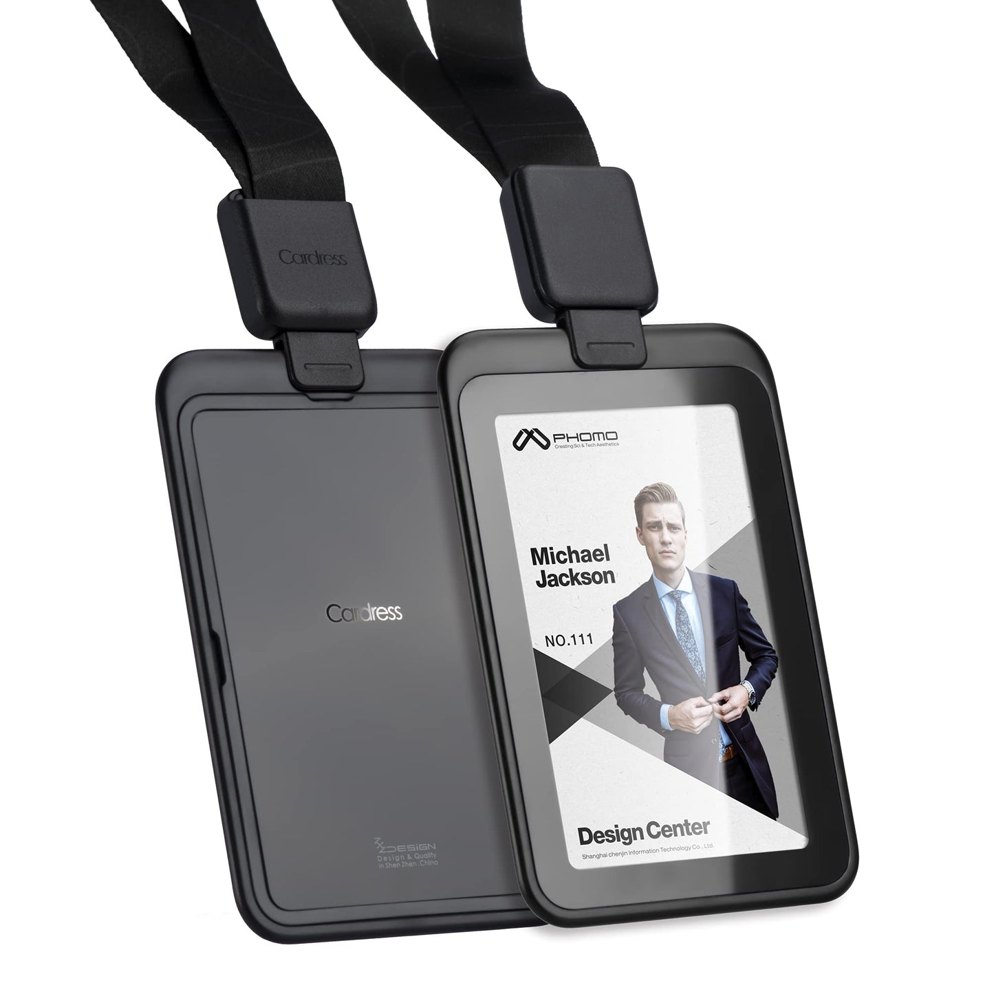 Phomo Self Retractable ID Badge Holders with Carabiner Reel Clip and Badge Lanyard, Heavy-Duty ID Card Holder for Neck, Vertical Style Transparent Hard Accessories Clear, (Holds 1to 2 Cards) (Black)