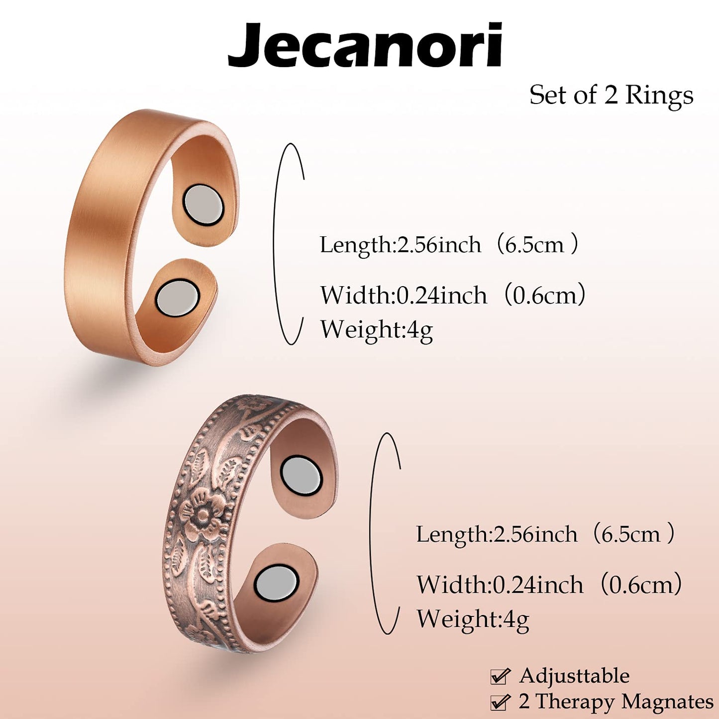 Jecanori 4PCS Copper Magnetic Rings for Women Men Magnetic Therapy for Arthritis Pain Relief Pure Copper Ring with 3500 Gauss Magnet,Lymphatic Drainage Therapeutic Magnetic Ring