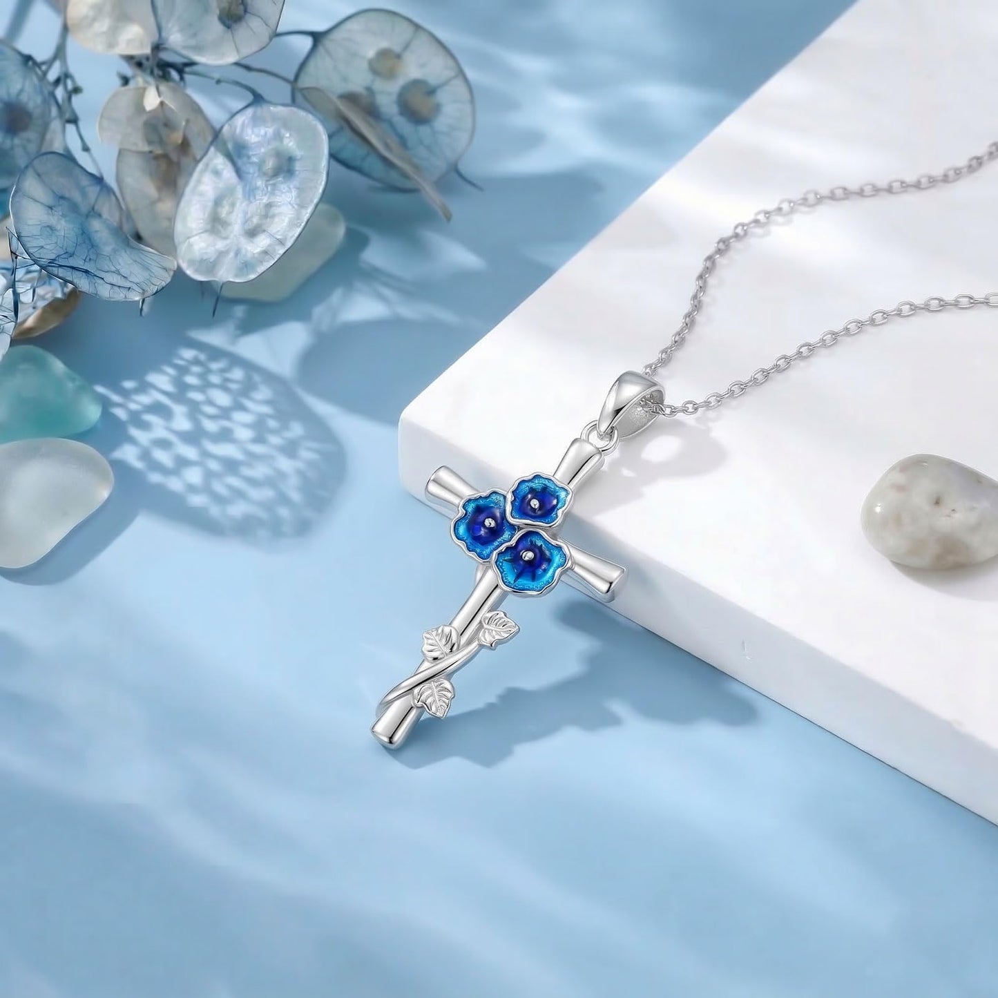 Cargari 925 Sterling Silver Morning Glory Cross Necklace for Women Blue Morning Glory Flower Pendant Necklace Religious Floral Jewelry Gift