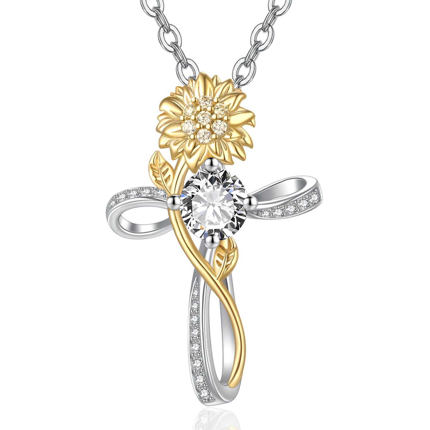 Zeuslia Cross Necklace for Women Sterling Silver Cross Pendant Jewelry with Sunflower CZ April Birthstone Necklace Christian Religious Baptism First Communion Confirmation Birthday Gifts for Women