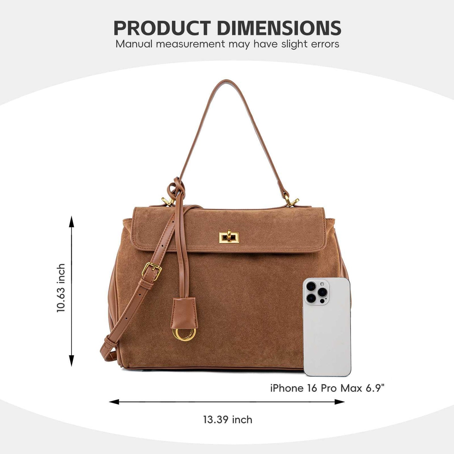 NGGU Suede & Leather Tote Bag for Women,Soft Leather Shoulder Handbags for Ladies,Satchel Purse for Travel Work & Medium & Brown Suede & Gold Clasp
