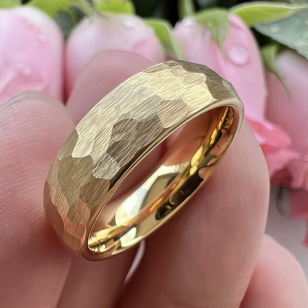 TUTISS 6mm Gold Hammered Tungsten Rings for Men Women Engagement Wedding Bands Domed Matte Finish Comfort Fit Size 9.5