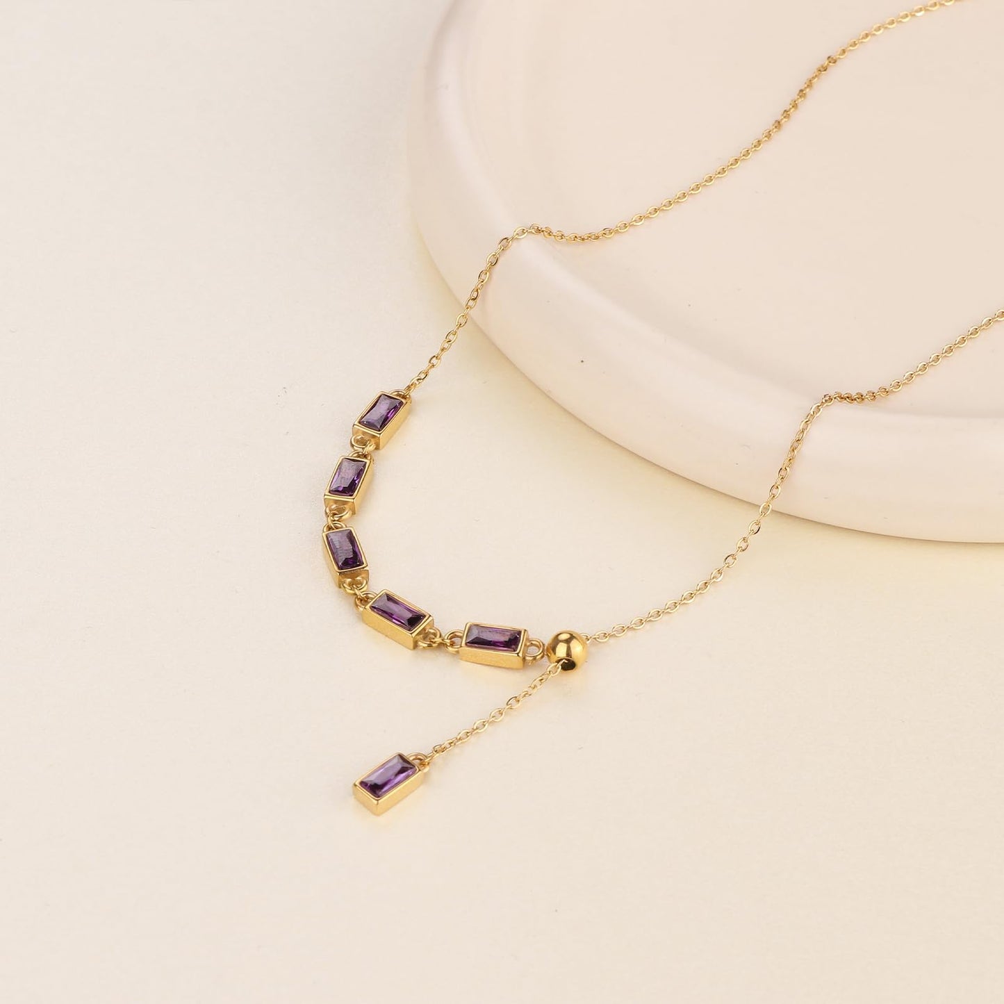 TaYolnFaSo Amethyst Y Shaped Necklace 18K Gold Plated Emerald Cut Purple CZ Y Lariat Necklace Amethyst Jewelry Christmas Gift for Women