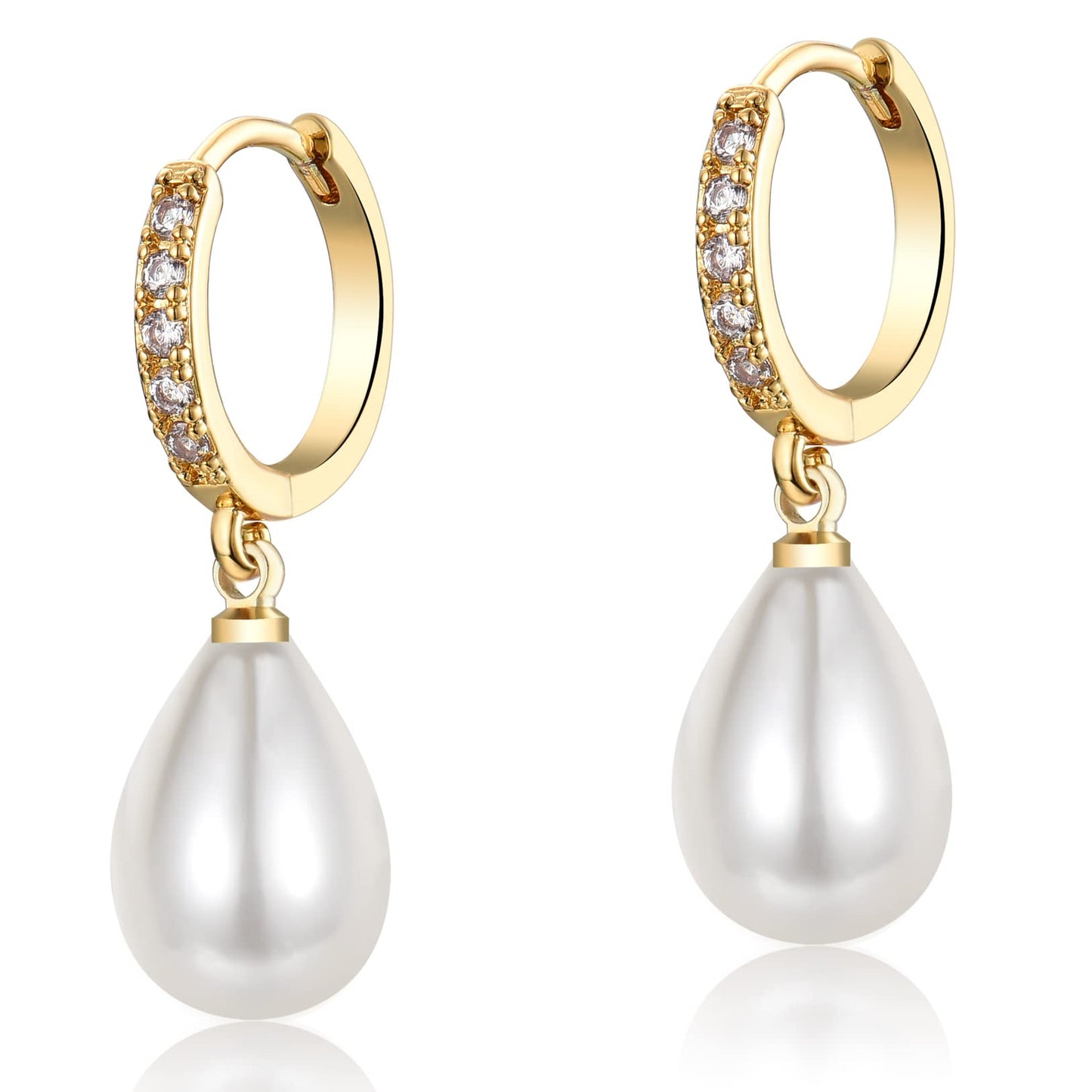 CERSLIMO Gold Pearl Drop Earrings for Women | S925 Sterling Silver Post Simulated Shell Teardrop Pearl Hoop Dangle Earrings, Hypoallergenic Cubic Zirconia Huggies Earrings Bridesmaid Jewelry