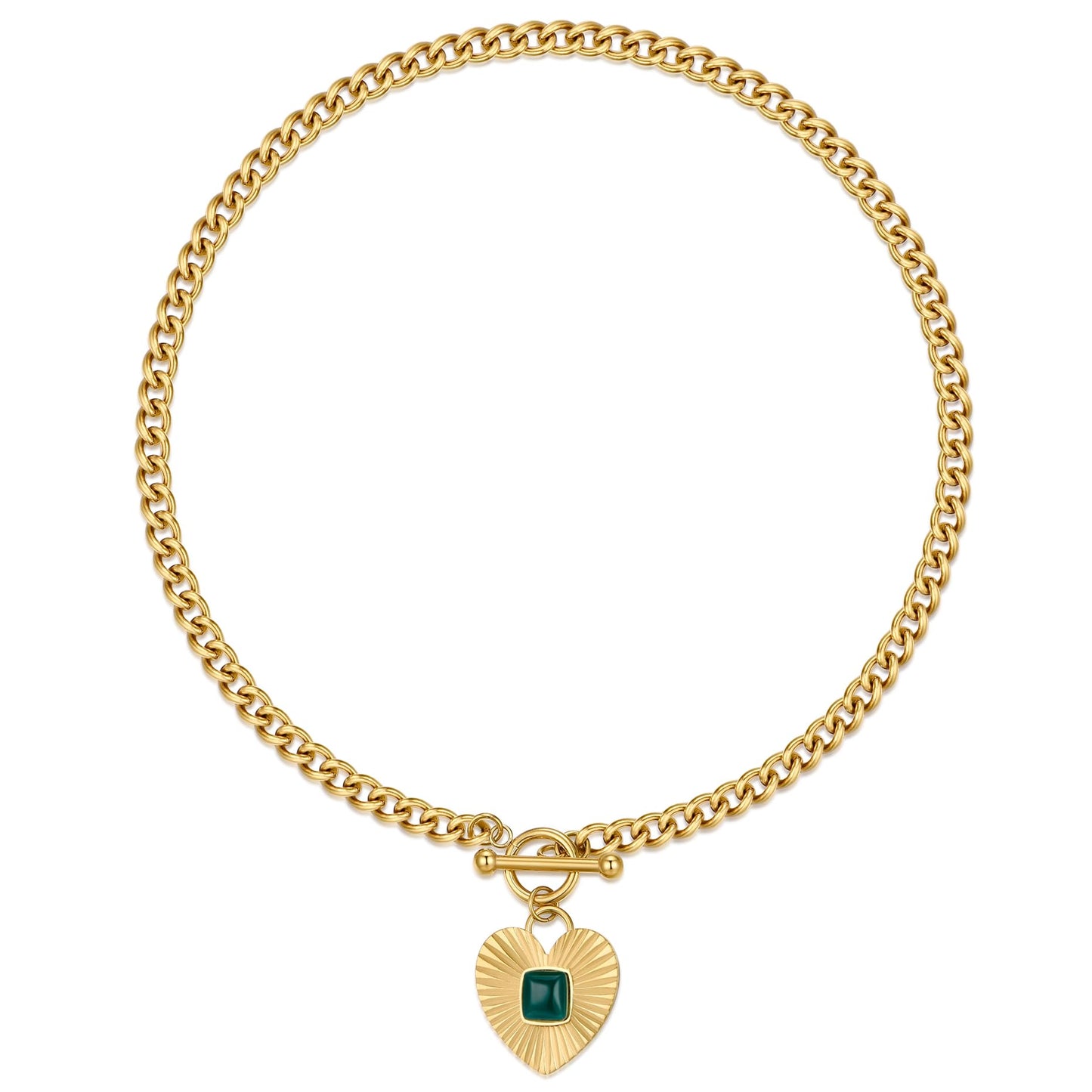 NUZON Natural Green Agate Heart Pendant Necklace for Women - 18K Gold Plated Stainless Steel Chunky Cuban Chain Toggle Clasp, 18'' Love & Hope Healing Stone Sunburst Jewelry