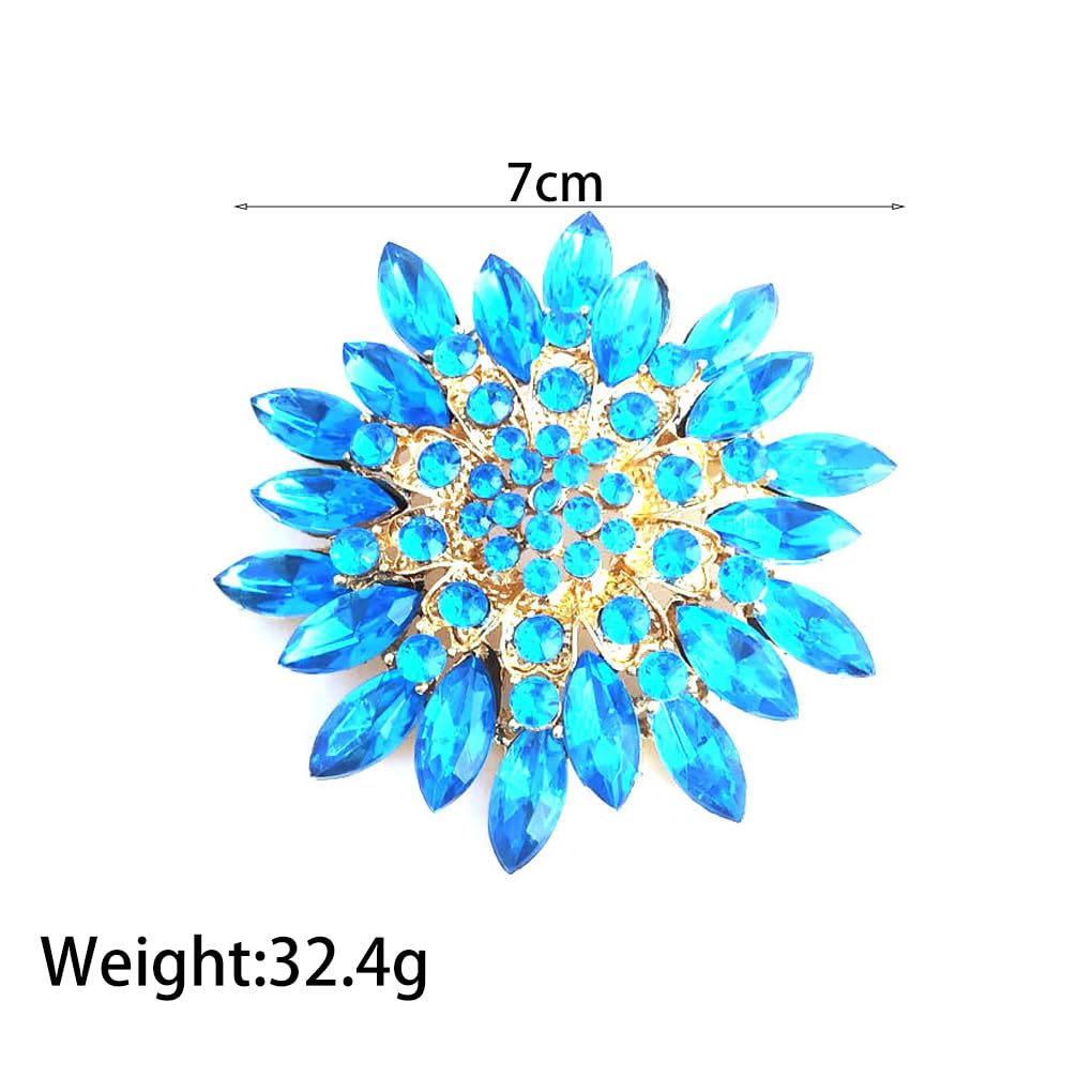 Rhinestone Large Flower Brooches Pins for Women Fashion Sparkly Crystal Sunflower Statement Brooch Wedding Party Suit Dress Formal Jewelry Accessories (Blue)
