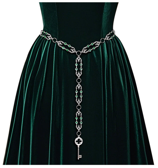 L'VOW Women Renaissance Belt Viking Witch Belt Green Waist Metal Chain Belt for Medieval Dresses
