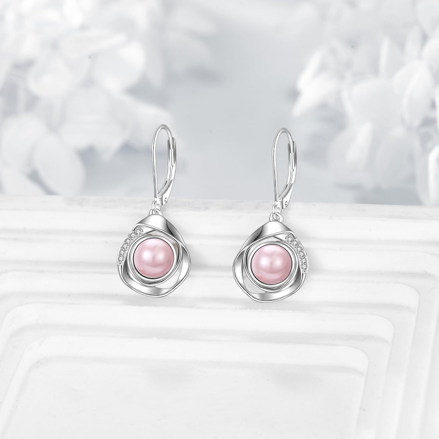 925 Sterling Silver Pink Pearl Leverback Earrings Dangle Drop Jewelry Gifts for Women (Pink Pearl)