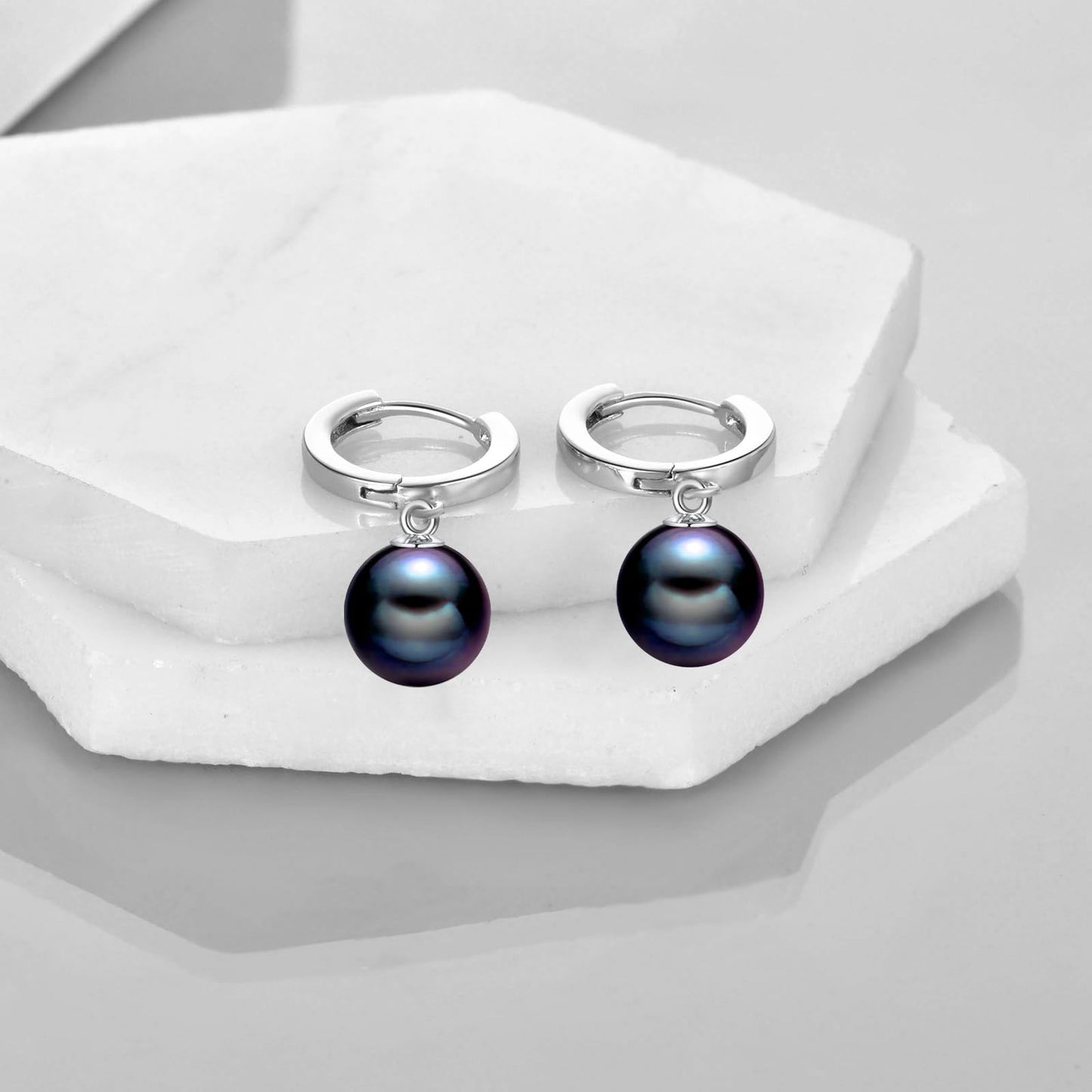 925 Sterling Silver Black Pearl Hoop Earrings Dangle Drop Jewelry Gifts for Women (Black Pearl)