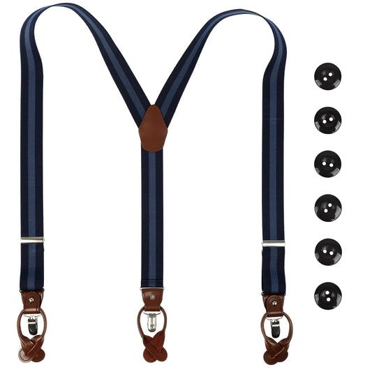 LEHOMU Men Suspenders Adjustable,1.4 Inch Wide Heavy Duty Y-Back Elastic Tuxedo Elastic Mens Suspenders with Leather Buttons and 3 Metal Clips,Black and Blue Stripe