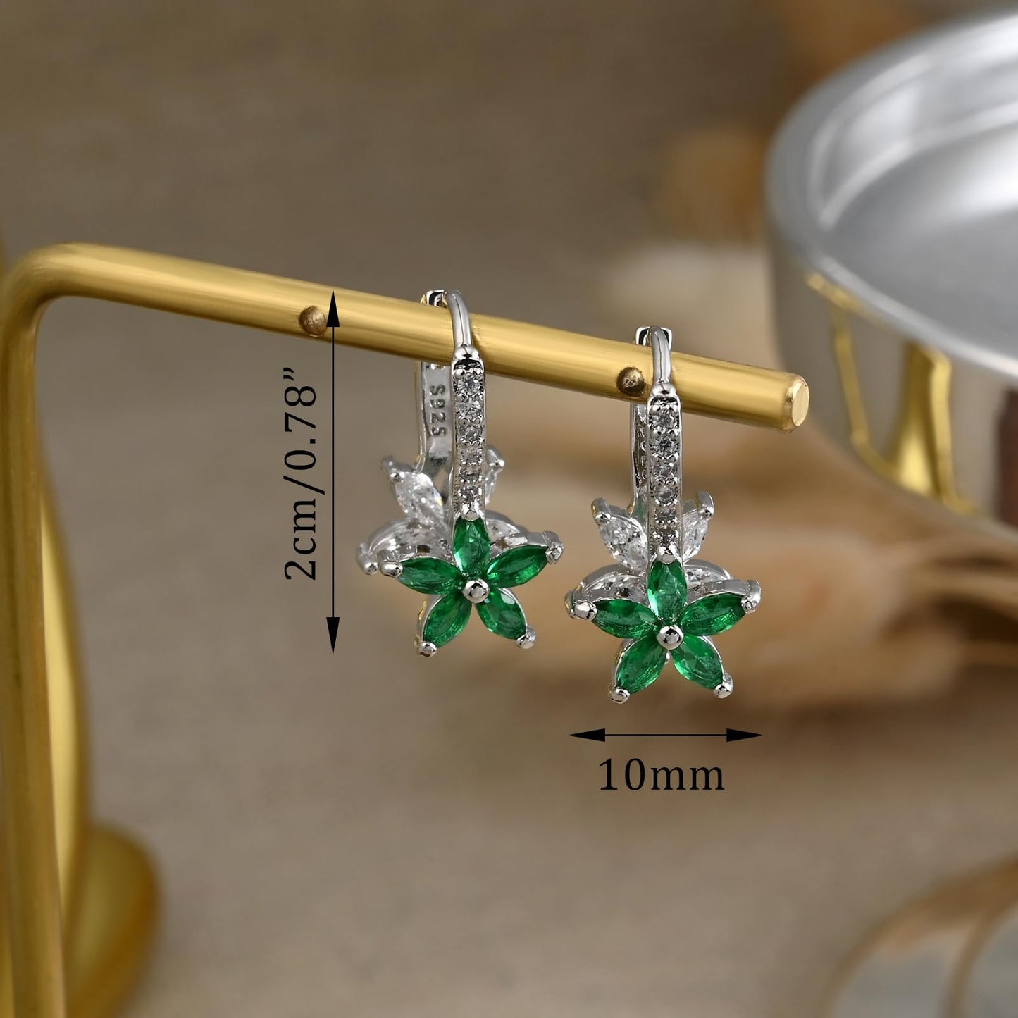 Watforsh 925 Sterling Silver Flower Earrings for Women Dangling Leverback Earrings with Emerald and White Crystal Double Floral