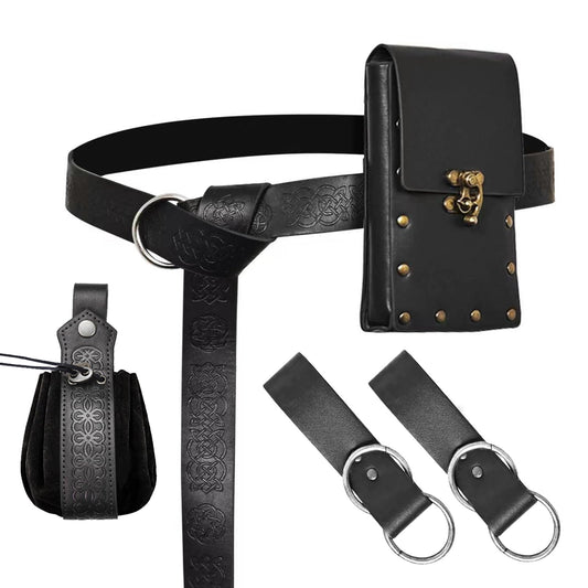 Renaissance Belt Pouch Medieval Viking Pirate Leather Bag Detachable Chains Arm Set Skirt Hike Halloween Cosplay Costume Accessories (Black-2Pouch)