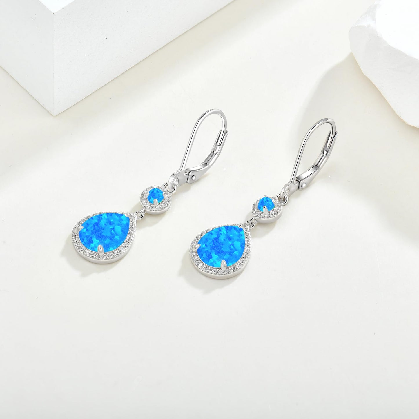 FYNSBLE Blue Opal Earrings for Women Sterling Silver Dangle Drop Leverback Earrings Hypoallergenic Jewelry for Women