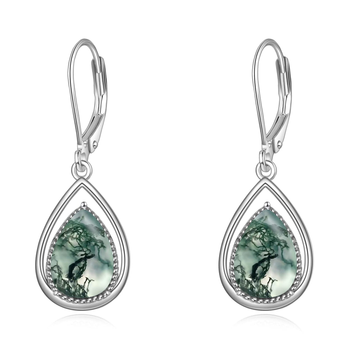 VONALA Moss Agate Earrings 925 Sterling Silver Agate Moss Teardrop Leverback Drop Dangle Earrings Jewelry Gifts